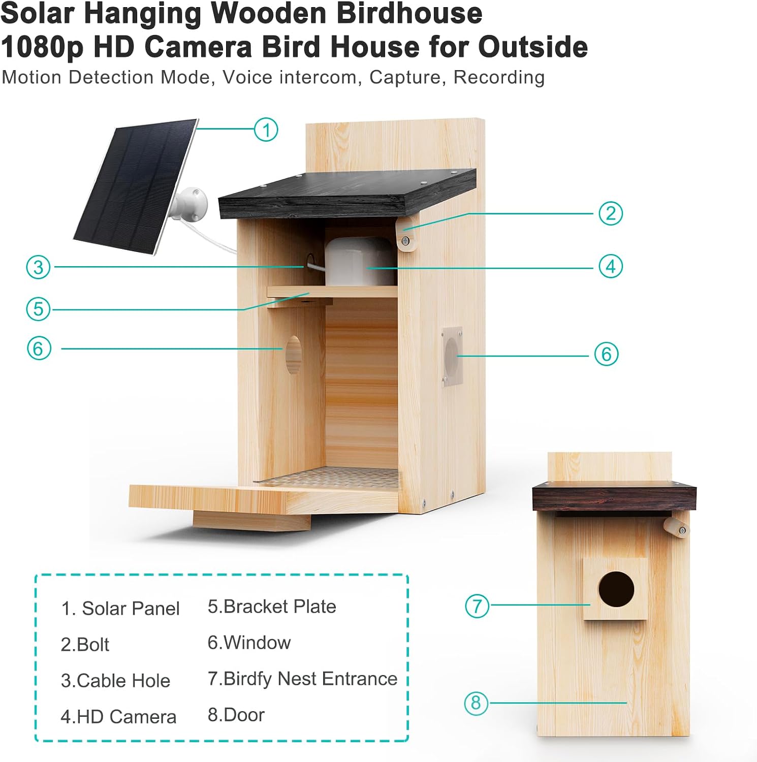 CasaNest™ Smart Solar-Powered Wooden Bird House with 1080P HD Camera