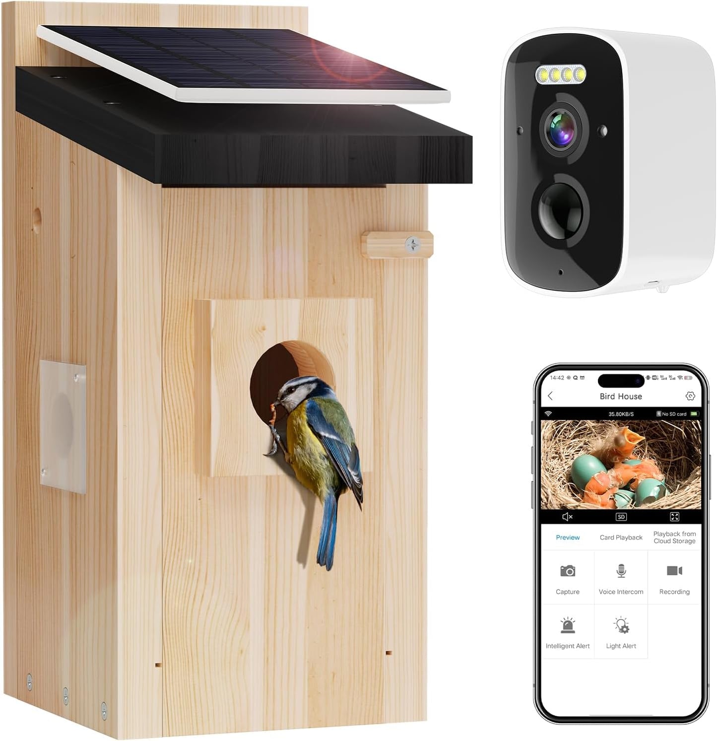 CasaNest™ Smart Solar-Powered Wooden Bird House with 1080P HD Camera