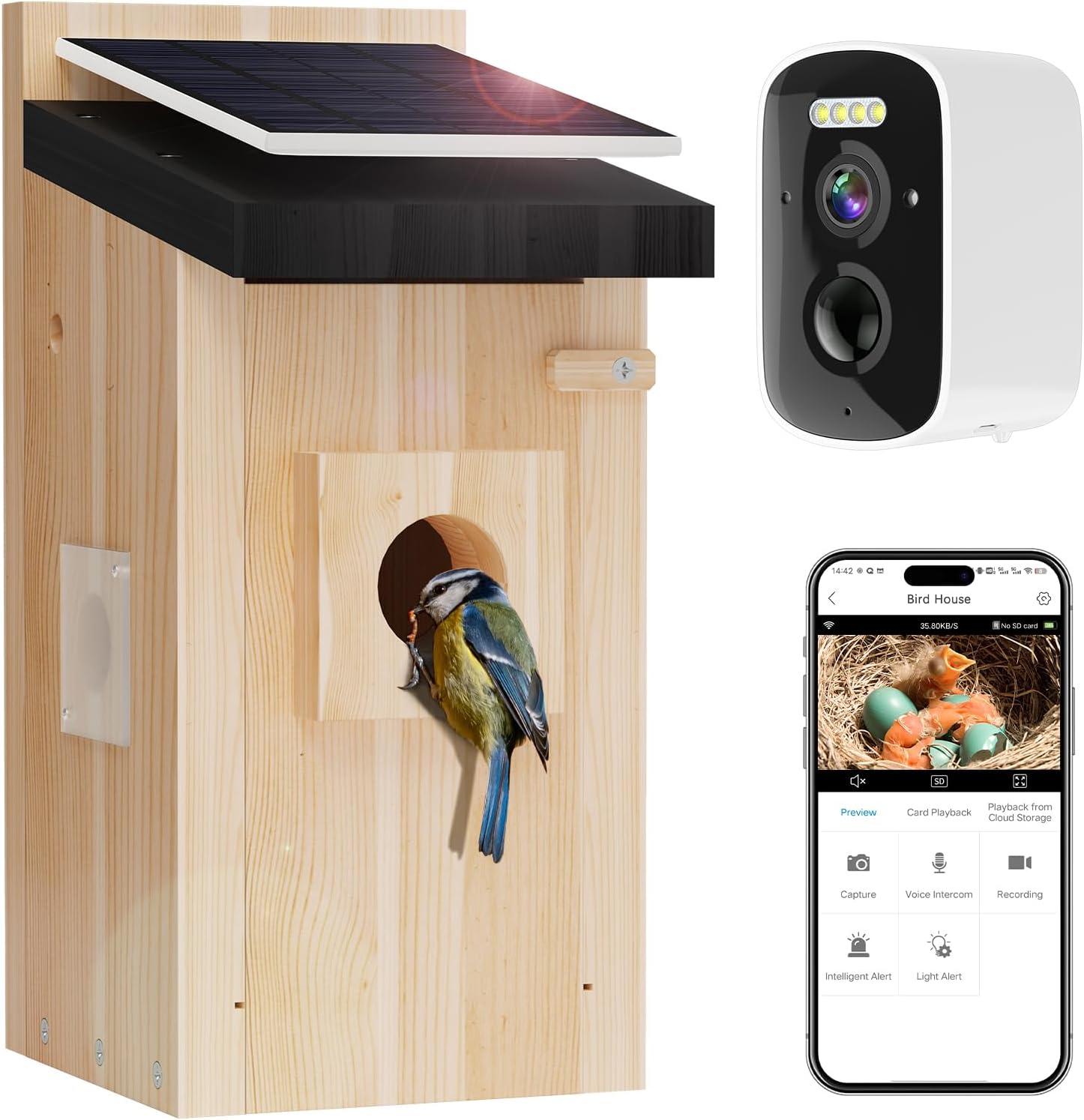 CasaNest™ Smart Solar-Powered Wooden Bird House with 1080P HD Camera