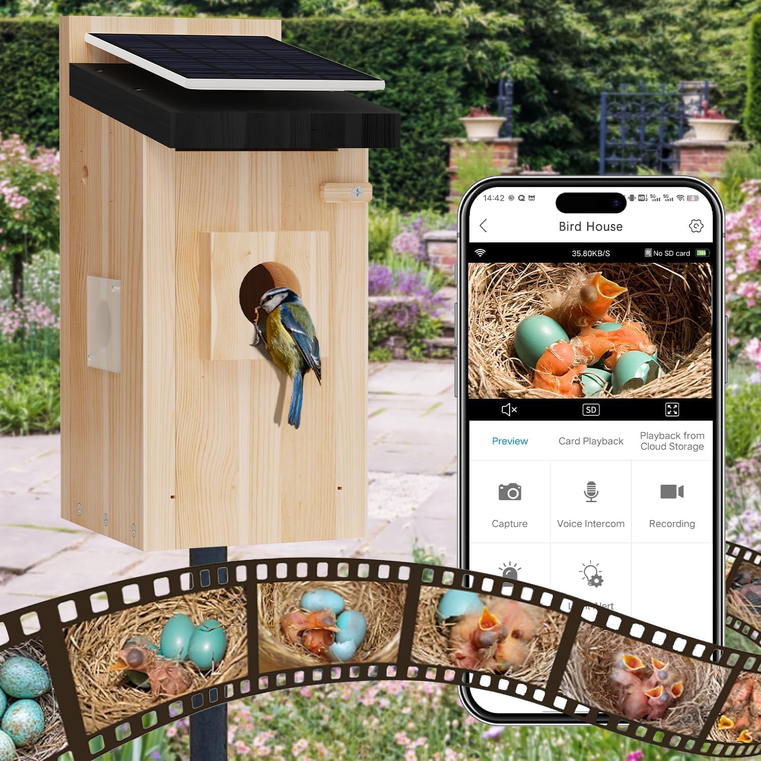 CasaNest™ Smart Solar-Powered Wooden Bird House with 1080P HD Camera